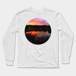 Beautiful Lake By The Countryside Under The Sunset Sky Surrounded By Pink Roses! Long Sleeve T-Shirt